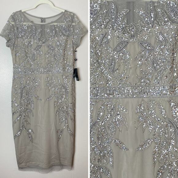 NWT ADRIANNA PAPELL DRESS 14 MESH GRAY SEQUIN BEADED SHORT SLEEVE COCKTAIL - Picture 1 of 16